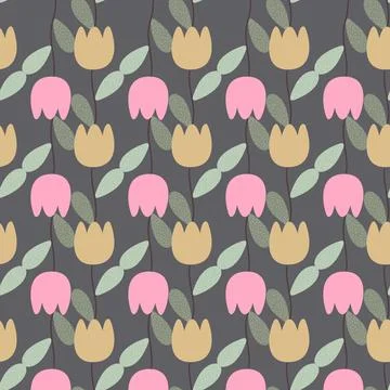 Tulip floral seamless pattern on dark grey background. Vector illustration. 스톡 일러스트