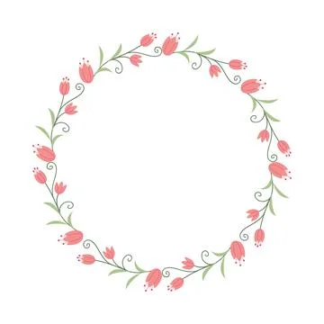 Tulip flower wreath vector flat hand drawn style botanical border circular pink Stock Illustration
