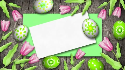 Tulip flowers and decorated easter eggs on old wooden planks with copy spac.. Stock Footage 306078414
