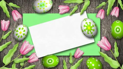 Tulip flowers and decorated easter eggs on old wooden planks with copy spac.. Stock Illustration