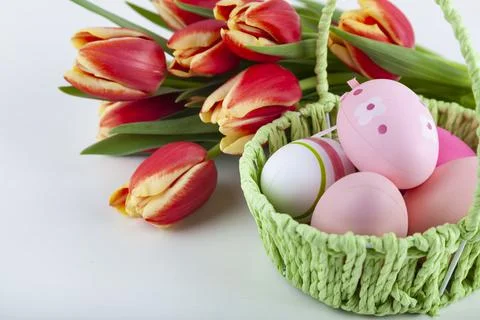 Tulip flowers and easter eggs Stock Photos