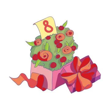 Tulip flowers packed in box and wrapped with ribbon and bow on lid. Present for Stock Illustration