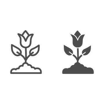 Tulip line and solid icon, spring flowers concept, Tulip bud with leaves sign on Stock Illustration