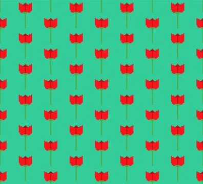 Tulip red flower pattern seamless pixel art. 8 bit texture Stock Illustration