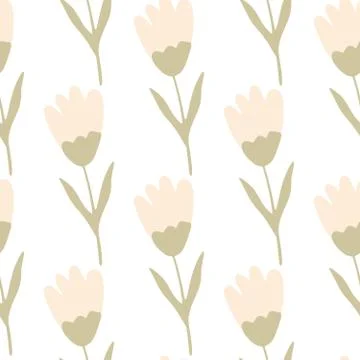 Tulip seamless pattern in doodle style on white background.Spring flower wall Stock Illustration