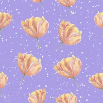 Tulip seamless pattern with watercolor splashes. Pink flowers. Bright patte.. 스톡 일러스트