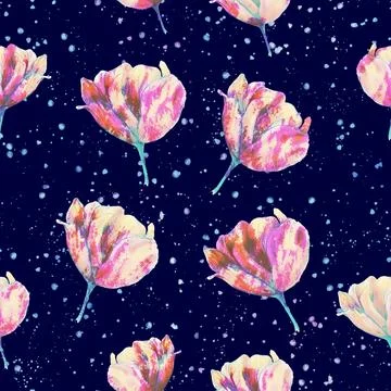 Tulip seamless pattern with watercolor splashes. Pink flowers. Dark blue an.. イラスト素材