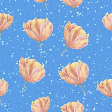 Tulip seamless pattern with watercolor splashes. Pink flowers. Bright patte.. Stock Illustration