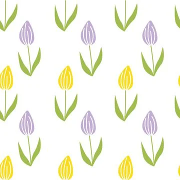 Tulip. Spring seamless pattern with purple and yellow flowers. Flat, cartoon Stock Illustration