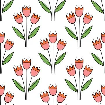 Tulip spring seamless pattern vector doodle illustration Stock Illustration