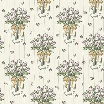 Tulip Vase Seamless Vector Pattern Handdrawn Whimsical Floral Bow with Coqu.. Stock Illustration