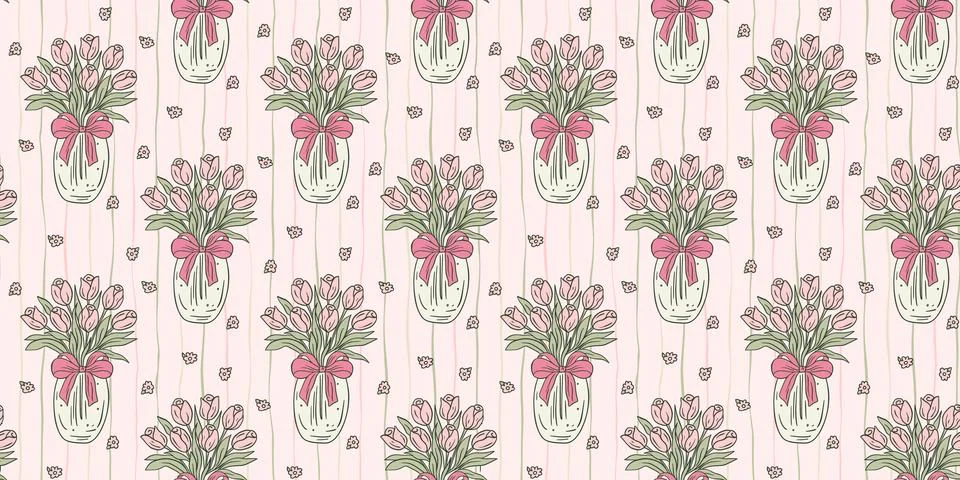 Tulip Vase Seamless Vector Pattern  Handdrawn Whimsical Floral Bow with Coq.. Stock Illustration