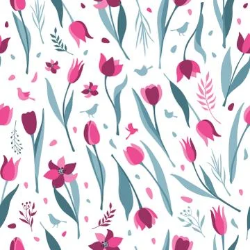 Tulip vector seamless pattern on white background. Tulips flat illustration icon Stock Illustration