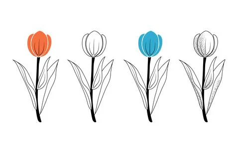 Tulip white orange blue texture set. Hand drawn spring flowers doodle. Stock Stock Illustration