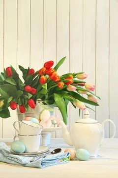 Tulips and colored Easter eggs 写真素材
