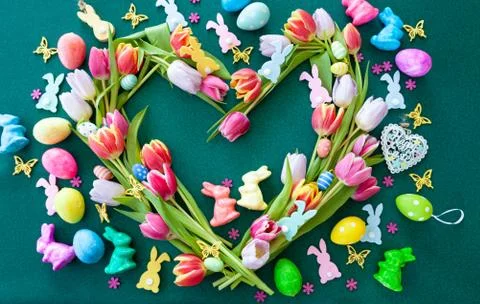 Tulips and easter decorations Stock Photos