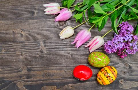 Tulips and eggs background Stock Photos