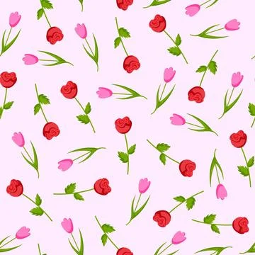 Tulips and roses seamless pattern in cartoon style. Floral background on pink Stock Illustration