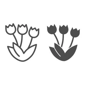 Tulips bouquet line and solid icon. Three beautiful blossoming tulip flowers Stock Illustration