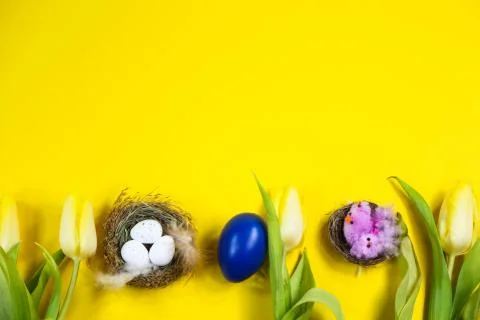 Tulips, Easter egg, Easter basket on yellow background Stock Photos