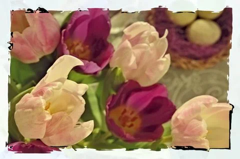 Tulips with Easter Nest in the Frame Foto stock