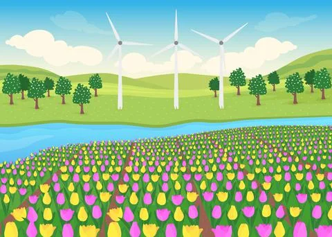 Tulips field flat color vector illustration Stockillustratie