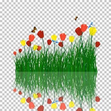Tulips in grass with reflection in water Stock Illustration
