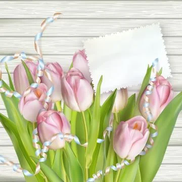 Tulips lying on a white textured table. EPS 10 Stock Illustration