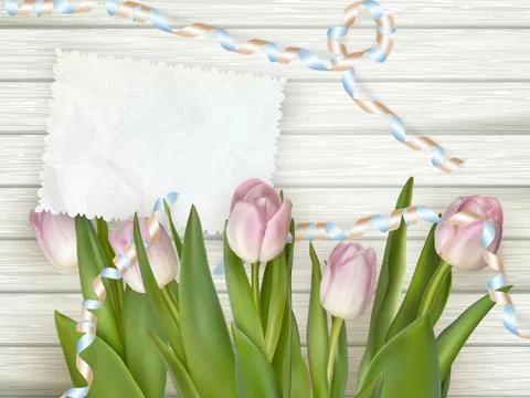 Tulips lying on a white textured table. EPS 10 Stock Illustration