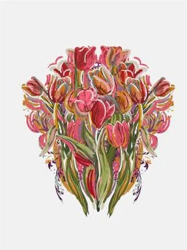 Tulips painted style vector card pink red Stock Illustration