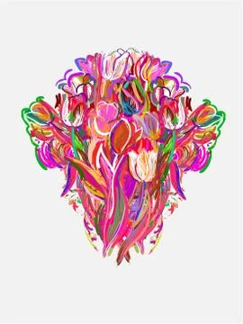 Tulips painted style vector card neon pink Stock Illustration