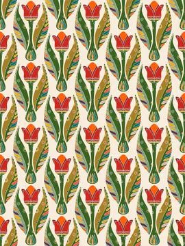 Tulips. Seamless floral pattern with stylized decorative flowers and leaves i Stock Illustration