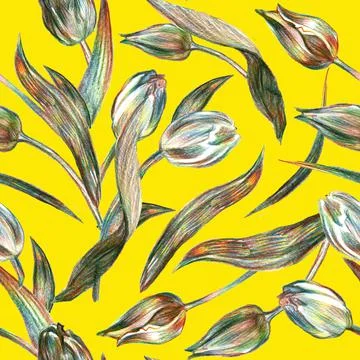 Tulips spring flowers seamless pattern with colored pencil texture on yellow Stock Illustration
