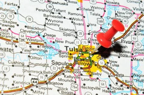 Tulsa, Oklahoma marked with red pushpin on the map Stock Photos