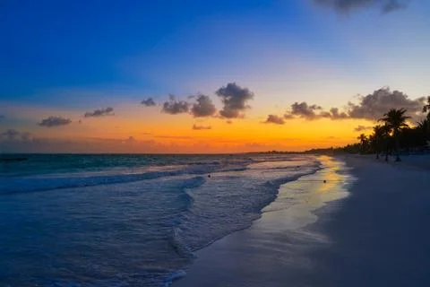 Tulum beach sunset palm tree Riviera Maya Stock Photos