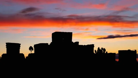 Tulum Mayan Pyramids, Time Lapse at Twilight with Colourful Sky Stock Footage 156205255