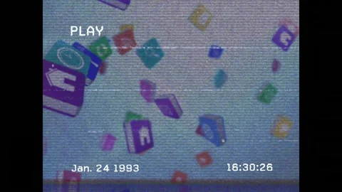 Tumbling icon cubes falling and rotating on grey backdrop, showing PLAY or Stock Footage 330509111