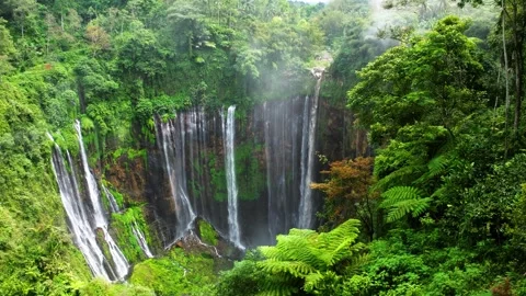 Tumpak Sewu Waterfall Java Indonesia Drone Fly Over Railing Push Forward Close Video stock 305117367