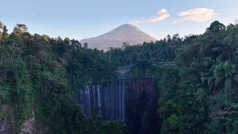 Tumpak Sewu Waterfall Panoramic View Volcano Background Stock Footage 346256853