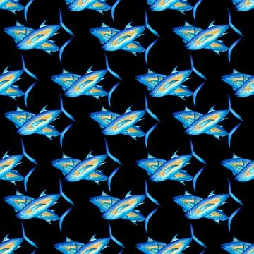 Tuna blue seamless pattern. Realistic style fish on a black background. Water Stock Illustration