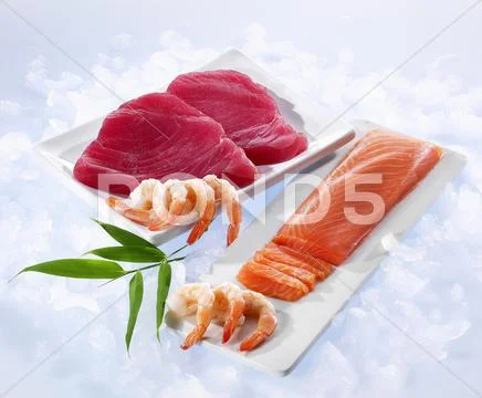 Tuna Fish Fillets, Salmon Fillets And Shrimp