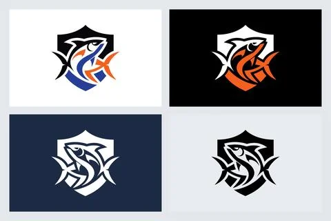Tuna Fish Shield Logo Vector Set Stock Illustration