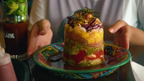 Tuna Fish Tower with Mango Fruit, Avocado and Wheat Germ Stock Footage 169183022