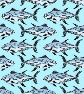 Tuna Hand drawing engraving pattern seamless. tunny Seafood fish background.  Stock Illustration