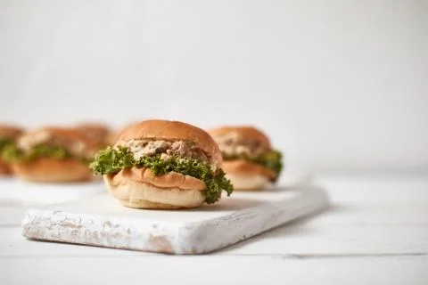 Tuna mini burger on table . Stock Photos