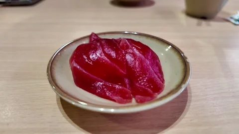 Tuna Sashimi on Plate, Real Camera Footage of Fresh Japanese Cuisine Stock Footage 325648935