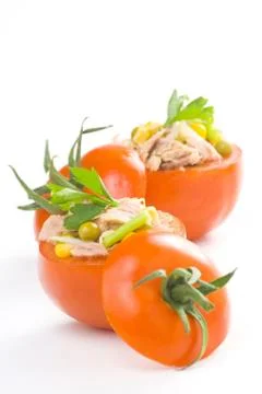 Tuna stuffed tomato celery corn soya bean Stock Photos