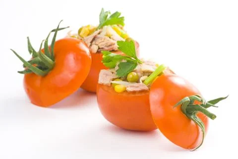 Tuna stuffed tomato celery corn soya bean Stock Photos