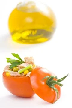 Tuna stuffed tomato celery corn soya bean Stock Photos