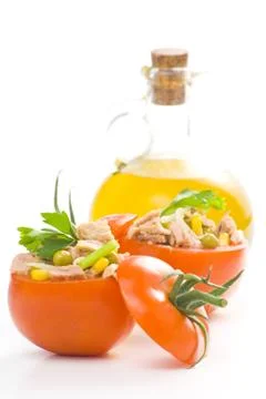 Tuna stuffed tomato celery corn soya bean Stock Photos